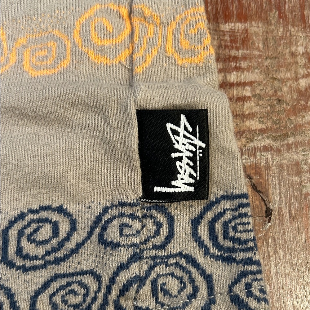Stussy Vintage Swirl Stripe Long-Sleeve Crewneck Tee: Tan with Orange/Navy Print - Picture 2 of 5